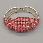 Rhinestone Bracelet Vtg  Art Deco Style Red Pave Glass Layered Silver Tone 8