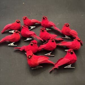Set Of 12 Scarlet Red Cardinal Bird Clip Christmas Ornaments Tree Branch