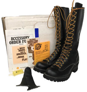 Vtg WESCO Mens 11.5 Jobmaster Logger Pole Climber Miner Black Leather Boots USA