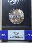 1885 cc Morgan, silver dollar GSA MS 65 NGC Rainbow toned Gem with box