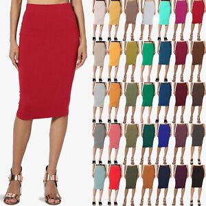 Women's Comfort Stretch Cotton Jersey Elastic High Waist Knee Midi Pencil Skirt