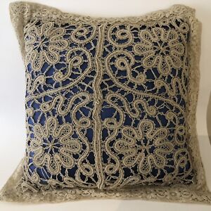 Antique European Royal Blue Satin Normandy Lace Pillow 19x19 Exquisite