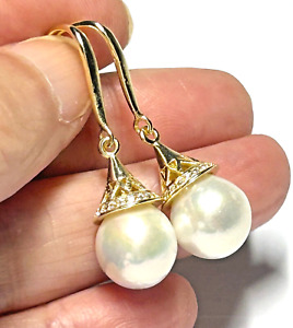 Stunning 10 - 10.5mm Edison Natural White Round Cultured Pearl Dangle Earrings