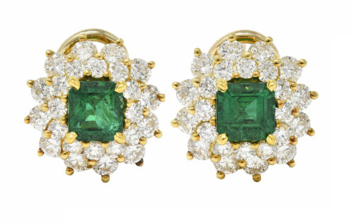 Tiffany & Co. 3.58 CTW Emerald Diamond 18 Karat Gold Vintage Cluster Earrings