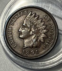 1891  Indian Head Cent Penny AU About Uncirculated 4 Diamonds