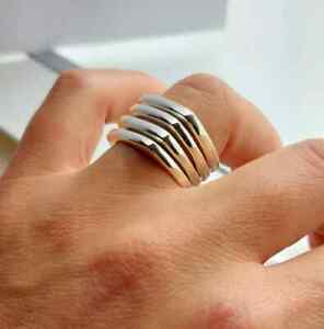 Set of 4 Ring Square Ring 925 Sterling Silver Stacking Band Ring Statement Ring