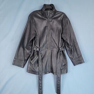 JLC Women's Leather Coat Belted Full Zip Mock Neck Black Size L