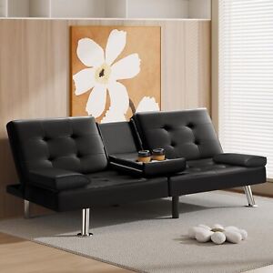 Black Faux Leather Futon Sleeper Sofa Bed: Modern Recliner Couch with Cupholders
