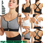 Women Zip Front Sports Bra High Impact Adjustable Full Support Padded Bra S-5XL