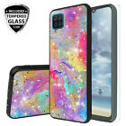 For Galaxy A12/A11/A32/A51/A52 Case Rainbow Glitter TPU Cover +Tempered Glass