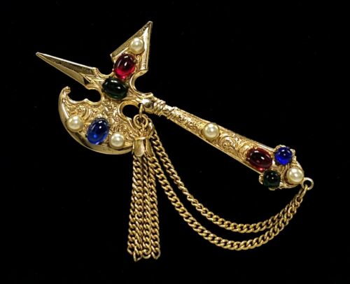 Vintage Coro Figural Brooch Battle Axe with Glass Cabochons & Faux Pearls 1940s