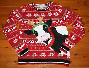 Jolly Sweaters UGLY CHRISTMAS SWEATER Large COW With Antlers Bells Medium NICE