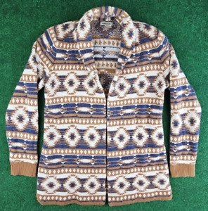 Orvis Sweater Women Sz Medium Brown Blue Aztec Wool Cashmere Open Front Cardigan