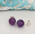 Natural Amethyst 8mm Round Ball Fluted Stud Earrings Solid 925 Sterling Sliver