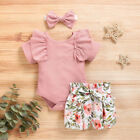 3PCS Newborn Baby Girl Clothes Floral T Shirt Tops Shorts Headband Outfits Sets
