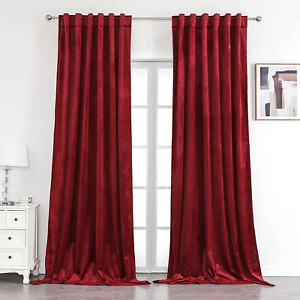 Red Velvet Curtains for Bedroom Window with Back Tab, Super Soft Vintage Luxury