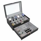 12 Slot Watch Display Case Jewelry Organizer Storage Box PU Leather W/ Glass Top