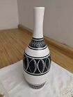 Vtg. MCM large pottery vase, black and white design. Hand made glaze.