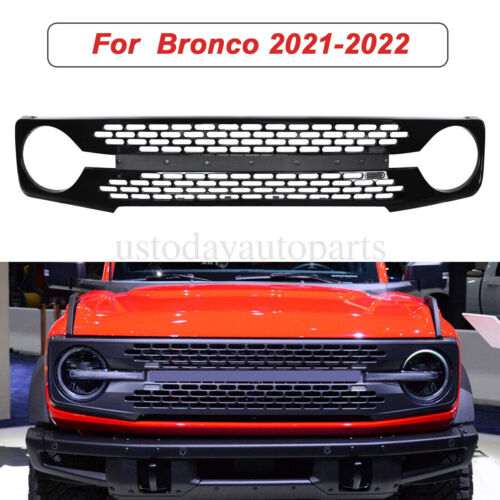 Front Grille For 2021-2023 Ford Bronco Grill Gloss Black W/Letters Bumper Mesh (For: 2021 Bronco Badlands)