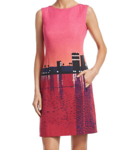 Akris Punto Sunset City Print Dress A-Line Cotton Pink Red Skyline Sheath 8