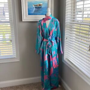 Vintage 80s Flora Kung New York Kimono Inspired Blue Pink Long Robe Large