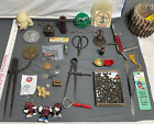 Vtg Antique JUNK DRAWER Box Lot SMALLS Dice Cali Raisins Compass PEWTER BRONZE