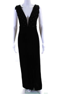 Raquel Diniz Women's Velvet Plunge Mesh Panel High Slit Gown Black Size 40