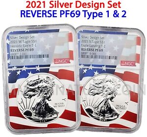 2021 REVERSE PF69 SILVER EAGLE TYPE 1&2 TWO COIN DESIGNER SET FLAG CORE
