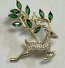 Crystal Rhinestone Deer Brooch Pin Glass Green Leaf Gold Tone Vintage Christmas