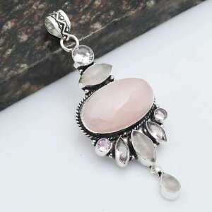 Rose Quartz Pink Topaz Gemstone Pendant Jewelry Gift For Girl 3.4
