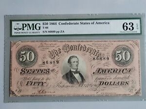 New Listing1864 $50 Dollar Bill PMG 63 Confederate States of America T-66 Bill