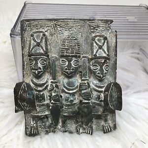 Benin Bronze Relief Plaque Featuring The King 2 Warriors 7”x5.25” Afrian Tribal
