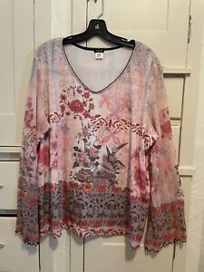 Yukiko Top, Size; 3X, Pink & Gray Floral Print, Sheer Long Sleeves, Rhinestones