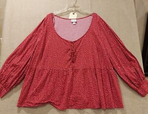 AVA & VIV Size 3X Babydoll Top Red White Pattern Blouse Tie Front Long Sleeve P3