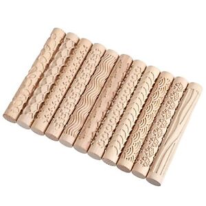 Set Of 11 Wooden Clay Texture Rollers Handle Pottery Roller Tools Clay Modelin