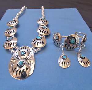 LARGE BEARCLAW Turquoise Silver Squash Blossom Necklace set