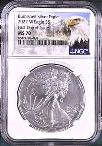 New Listing2022 w burnished silver eagle ngc ms70 first day of issue eagle mtn label coa