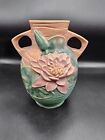 Roseville 77-8 Pottery Water Lilly Vase Green And Pink With Double Handles
