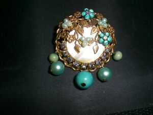 Vintage Mother-of-Pearl Rhinestone Brooch with Flowers and Leaves Intricate Desi