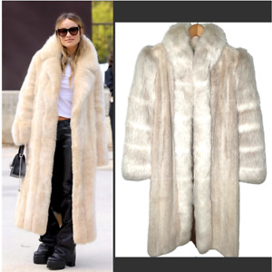 The Fur Centre L VINTAGE Floor Length Fox Mink Coat Long Jacket White Cream 12