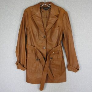 Brooks Brothers Belted Leather Coat Womens 10 Brown Casual Vintage Style Trench