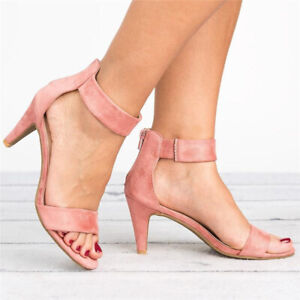 Women Casual Open Toe Kitten Heel Ankle Sandals Summer Zipped Strappy Heels