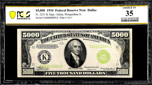$5,000-K LGS Fr.2221 FEDERAL RESERVE NOTE 1934 PCGS 35 $5000 GRADED CURRENCY