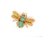 Victorian Vintage Natural Jade Honey Bee Insect Brooch Pin 14K Yellow Gold Over