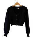 BP. Boucle Fuzzy Eyelash Cropped Cardigan Sweater XS Black V-Neck Button Front