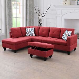 Red Flannel 3 Piece Living Room Sofa Set L-Shaped Couch With Storage Ottoman