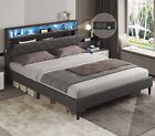 Full Size Upholstered Bed Frame with Headboard & LED Lights Modern Platform Bed