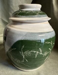 New ListingHandmade Studio Art Pottery Stoneware Canister Crock With Lid Green With Flowers
