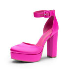 Women Ankle Strap Close Toe Platform High Chunky Heel Wedding Pump Shoes