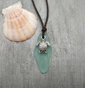Hawaiian Jewelry Sea Glass Necklace, Aquamarine Necklace Leather Cord Necklace